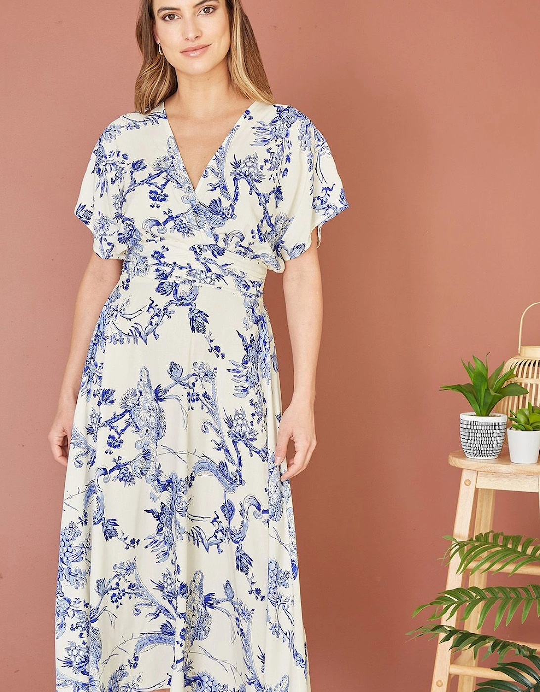 Blue And White Print Ruched Waist Kimono Midi Dress, 2 of 1