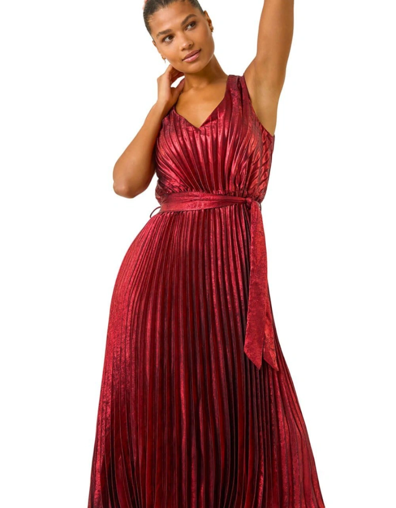Metallic Pleat Belted Midi Dress