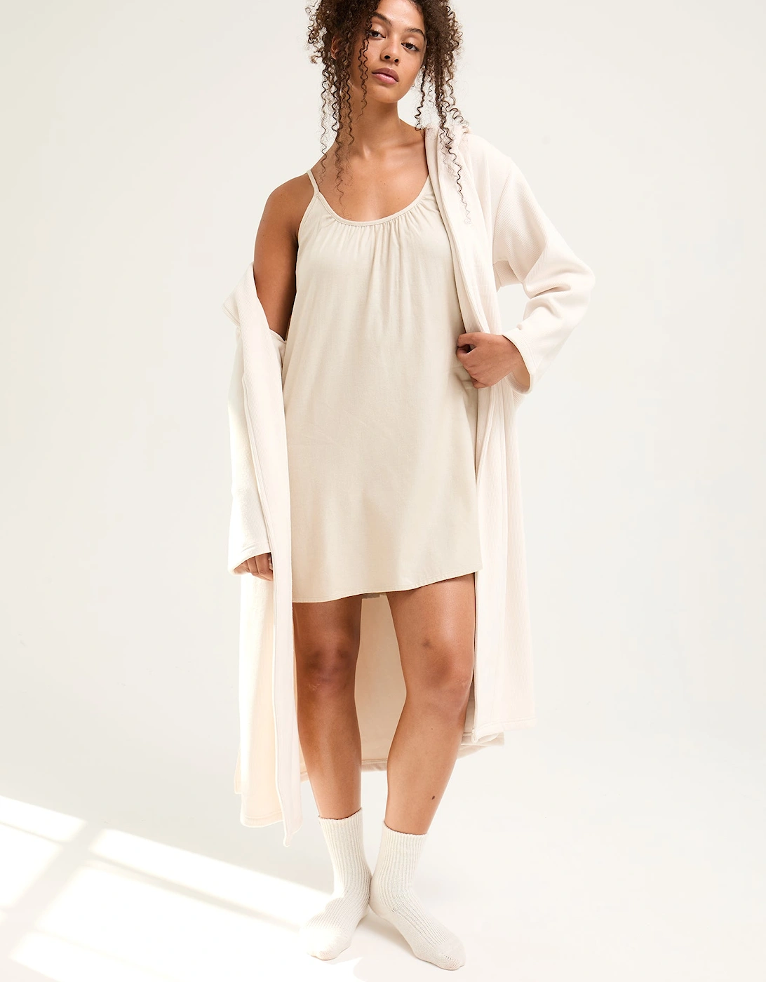 Ribbed Hooded Robe in Cream