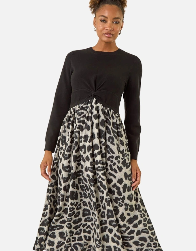 Animal Print Twist Front Midi Dress