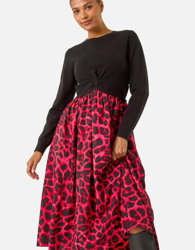 Animal Print Twist Front Midi Dress