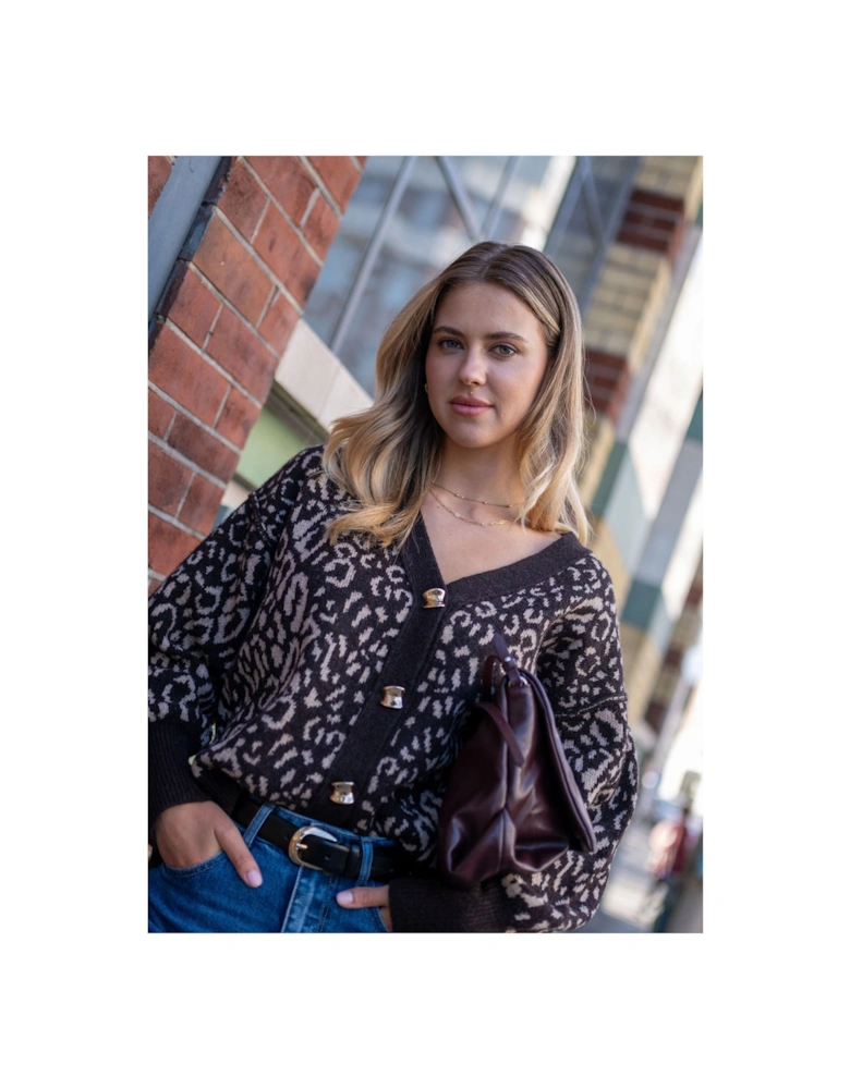 Chocolate Animal Print Wool Mix Cardigan Look Jumper