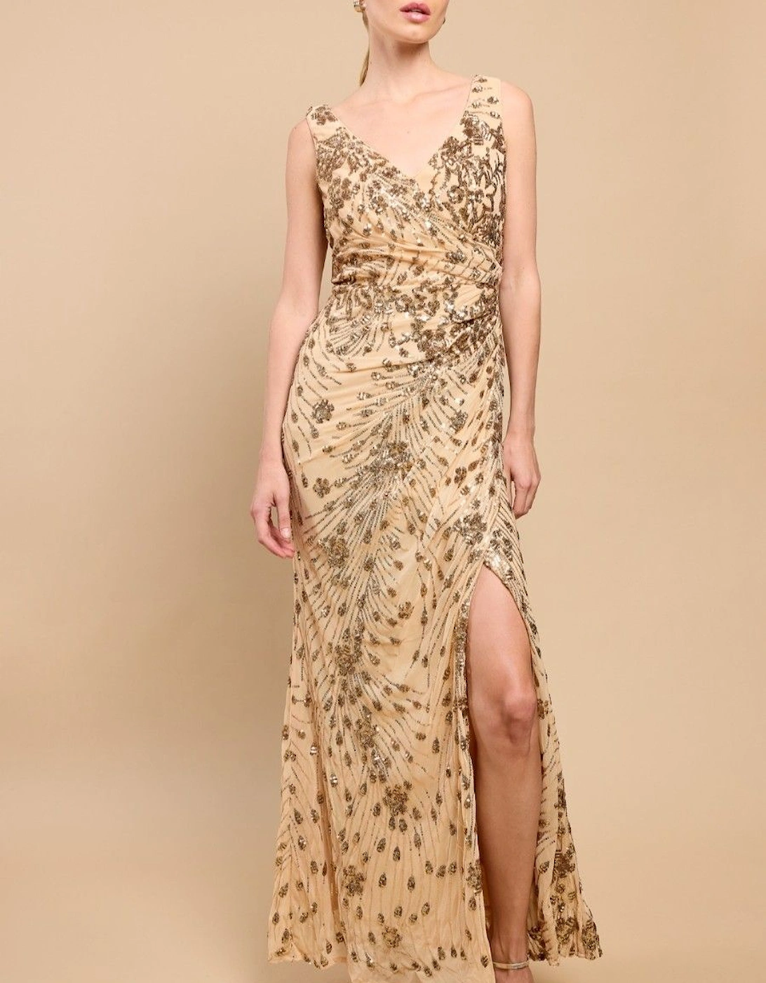 Gold Sequin Embellished Side Gather Maxi Dress, 2 of 1