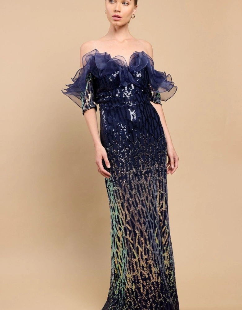 Navy Sequin Maxi Dress with Ruffle Neckline