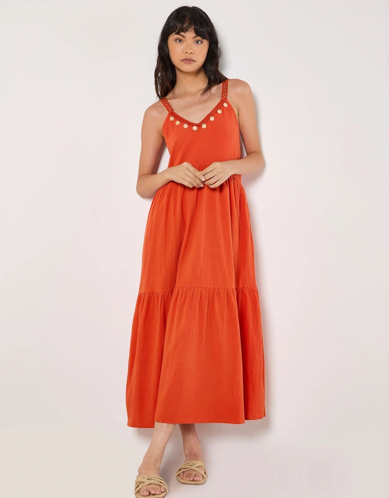 Bead Embellished Cotton Midaxi Dress