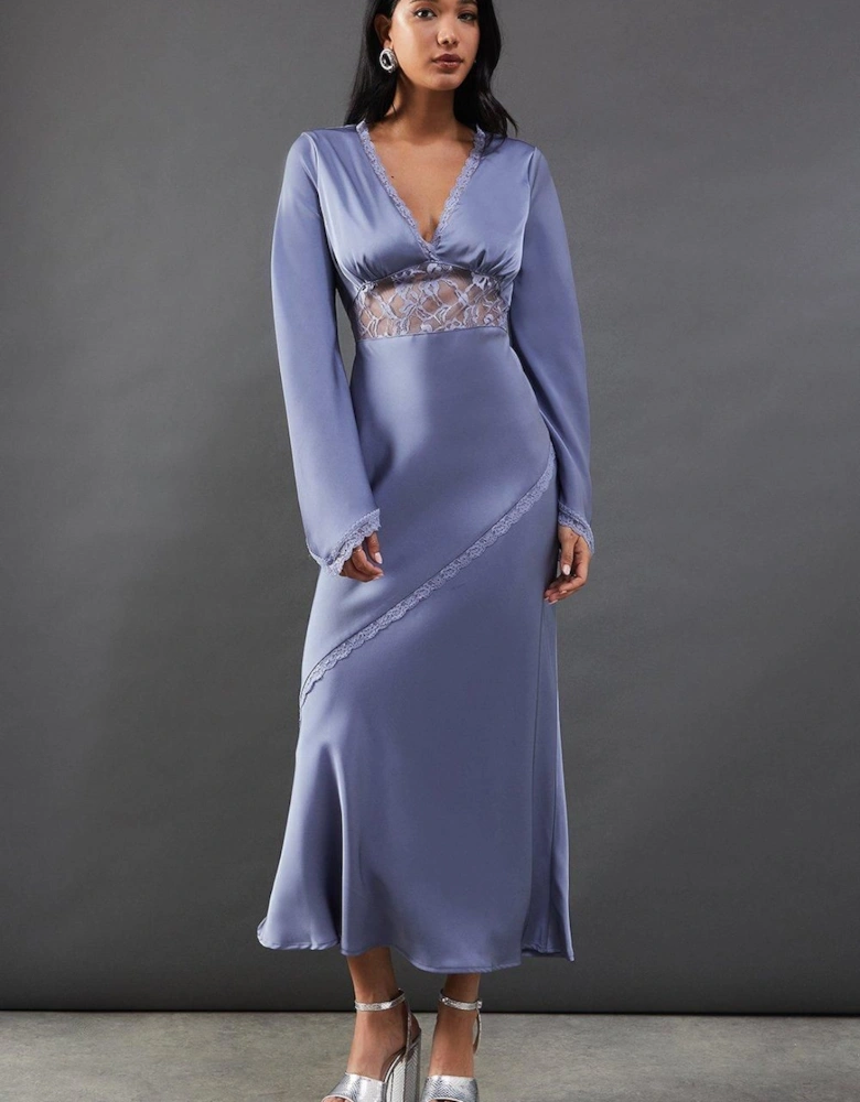 Satin Lace Insert Flute Sleeve Midi Dress