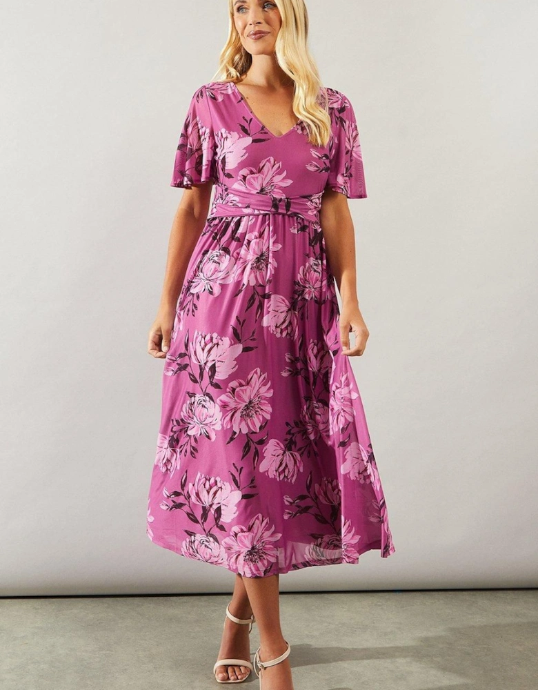 Petite Floral Mesh Wrap Waist Midi Dress
