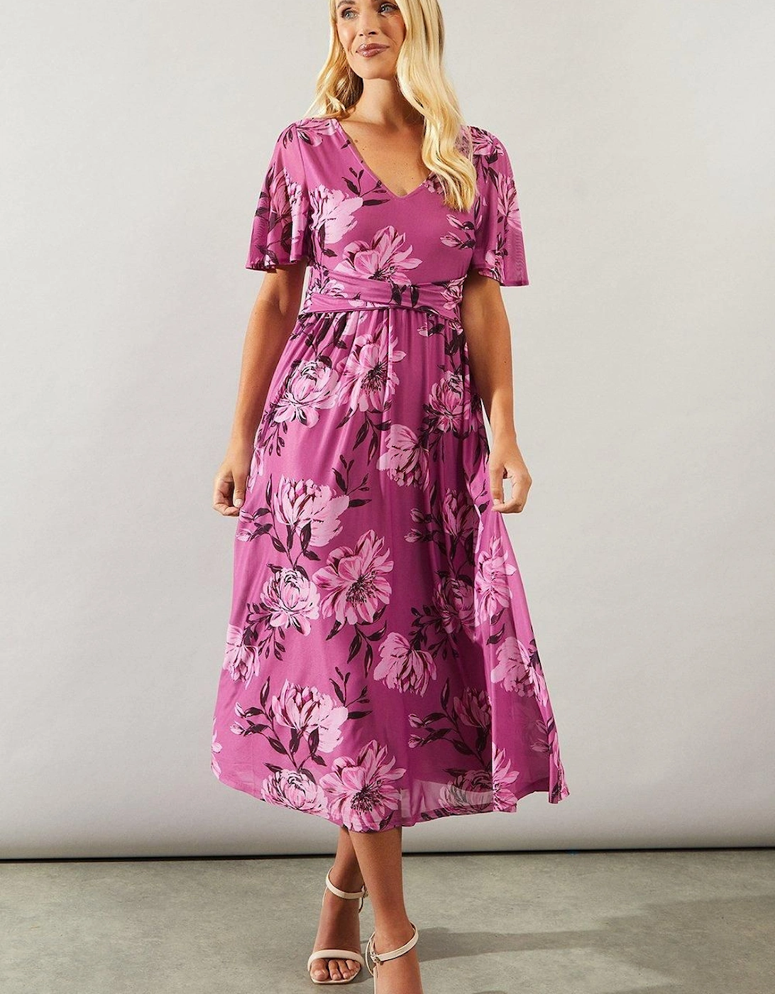 Petite Floral Mesh Wrap Waist Midi Dress, 2 of 1