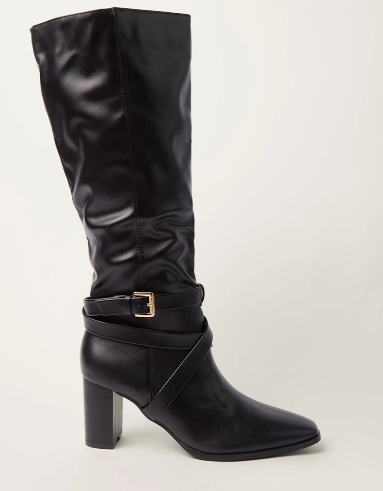 Black Buckle Detail Knee High Boots