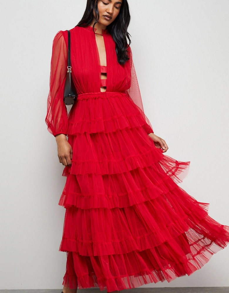 Ruffle Neck Tulle Maxi Dress