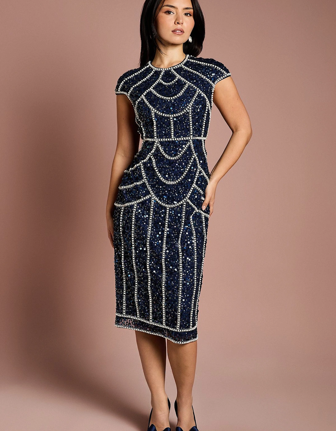 Petite Cap Sleeve Pearl Embellished Pencil Dress, 2 of 1