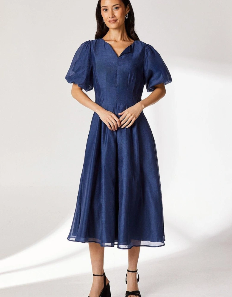 Blue Pleat Waist Organza Midi Dress