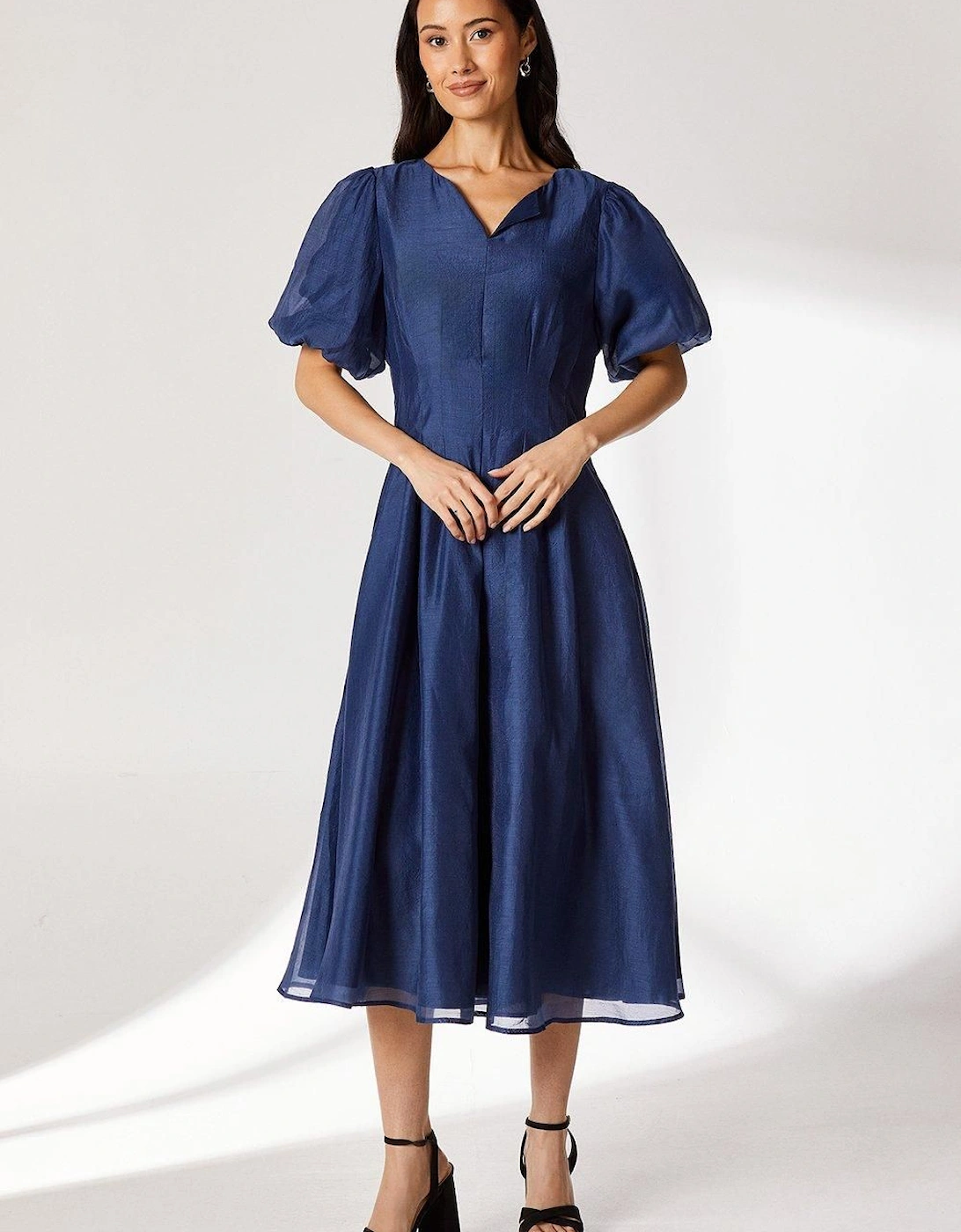 Blue Pleat Waist Organza Midi Dress, 2 of 1