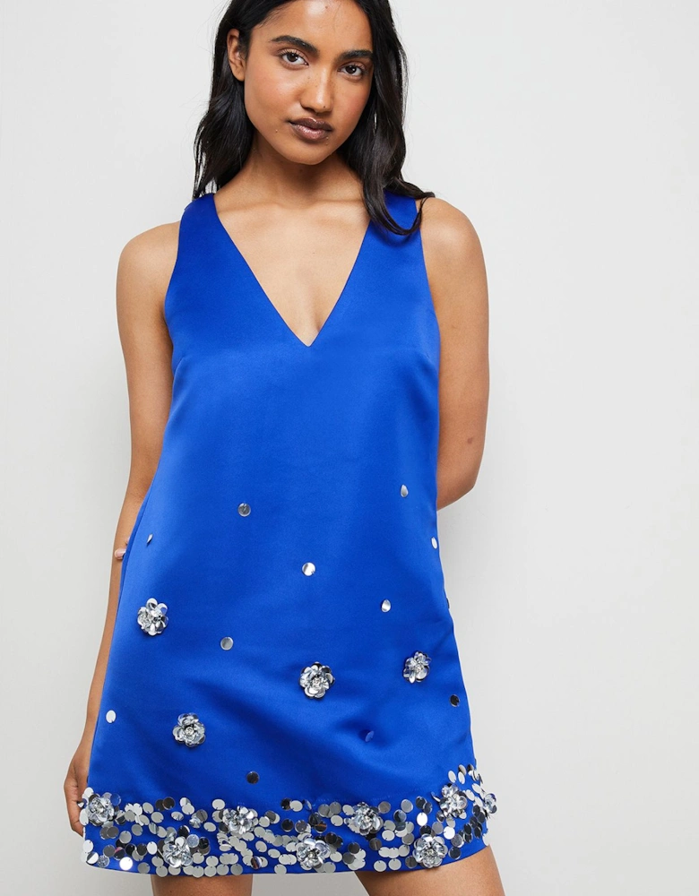 Embellished Heavy Satin Plunge Neck Mini Dress