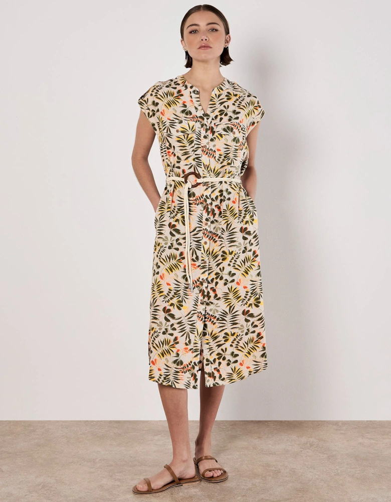 Belted Leaf Print Midi Shirt Dress