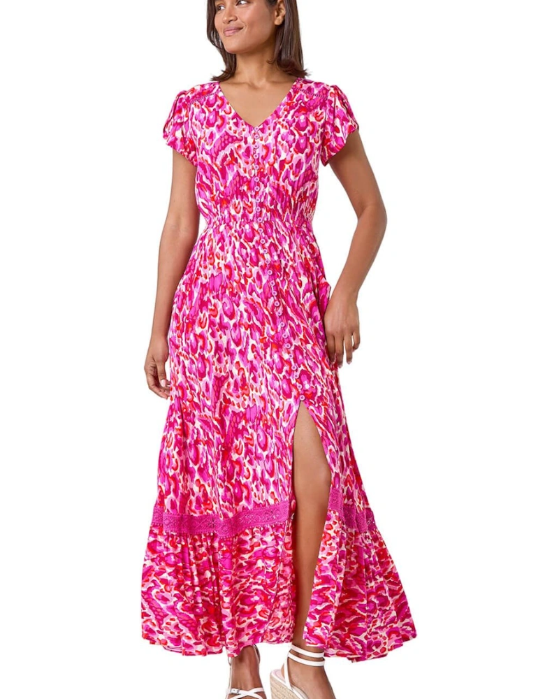 Abstract Print Shirred Waist Maxi Dress