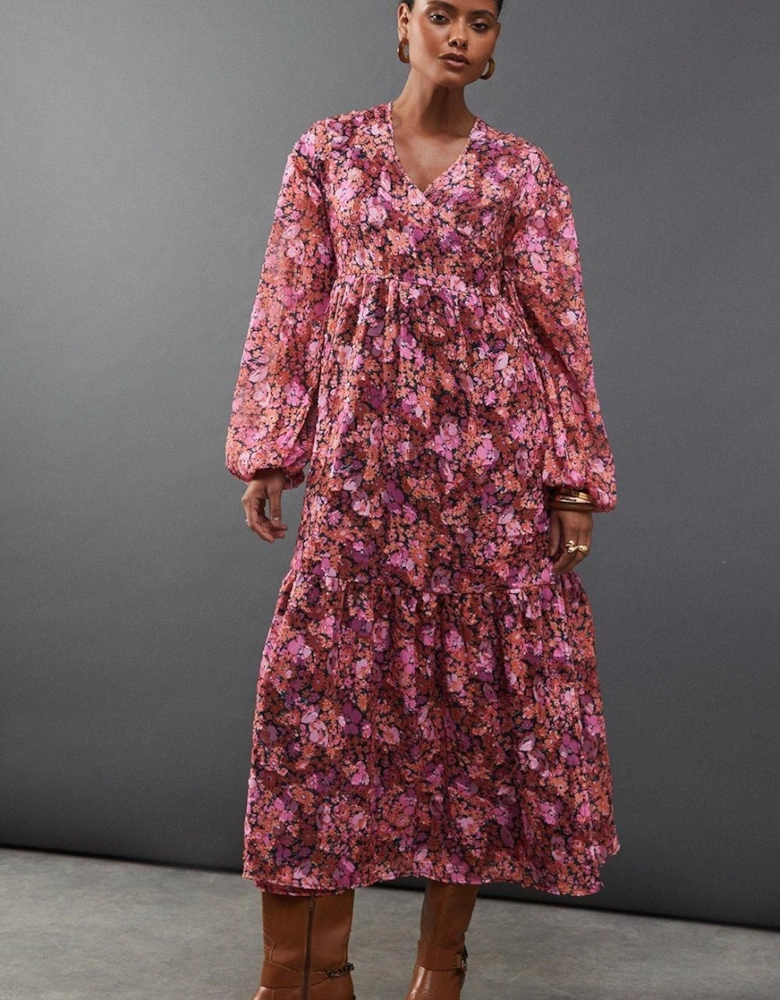 Floral Burnout Chiffon Wrap Smock Midi Dress