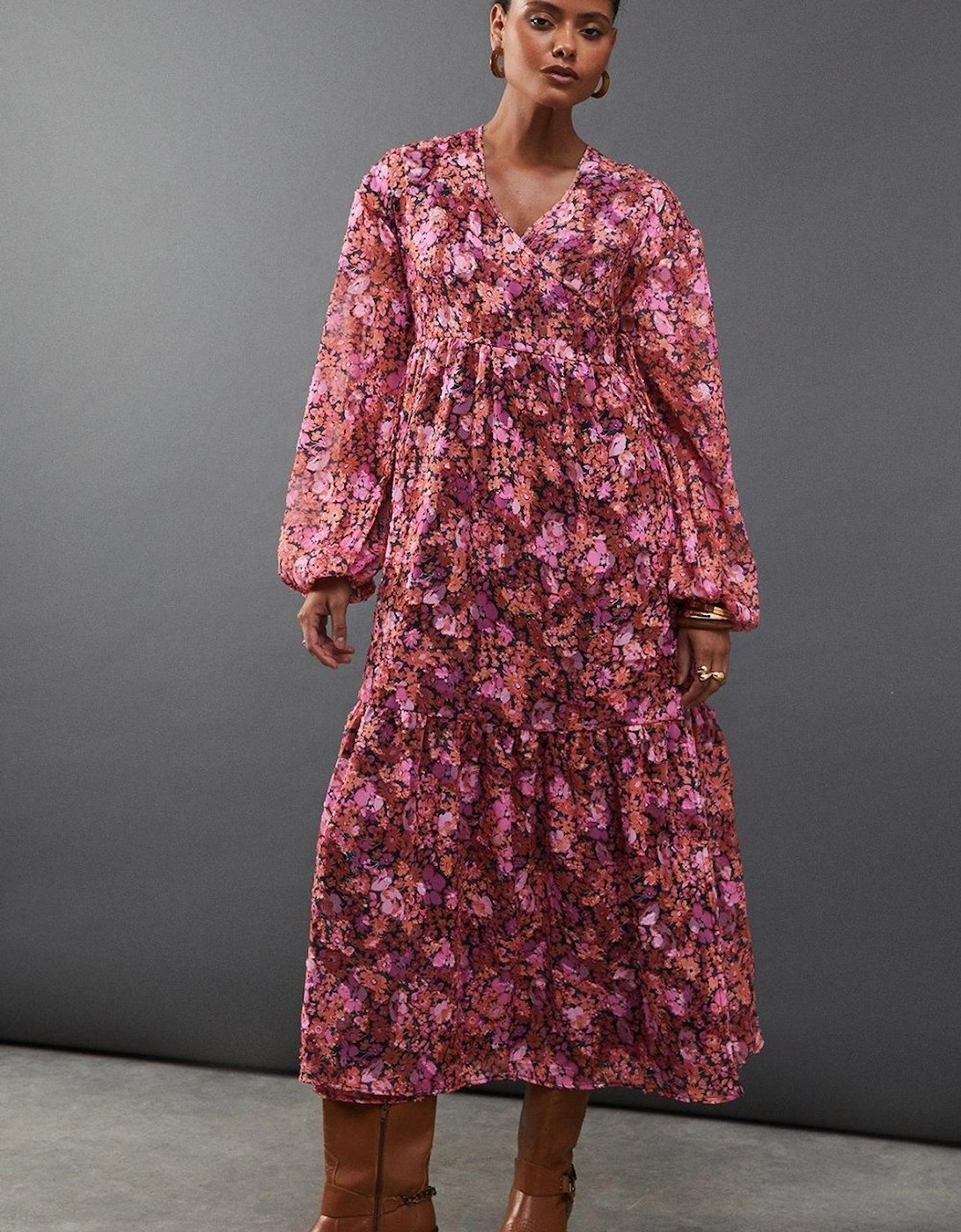 Floral Burnout Chiffon Wrap Smock Midi Dress, 2 of 1