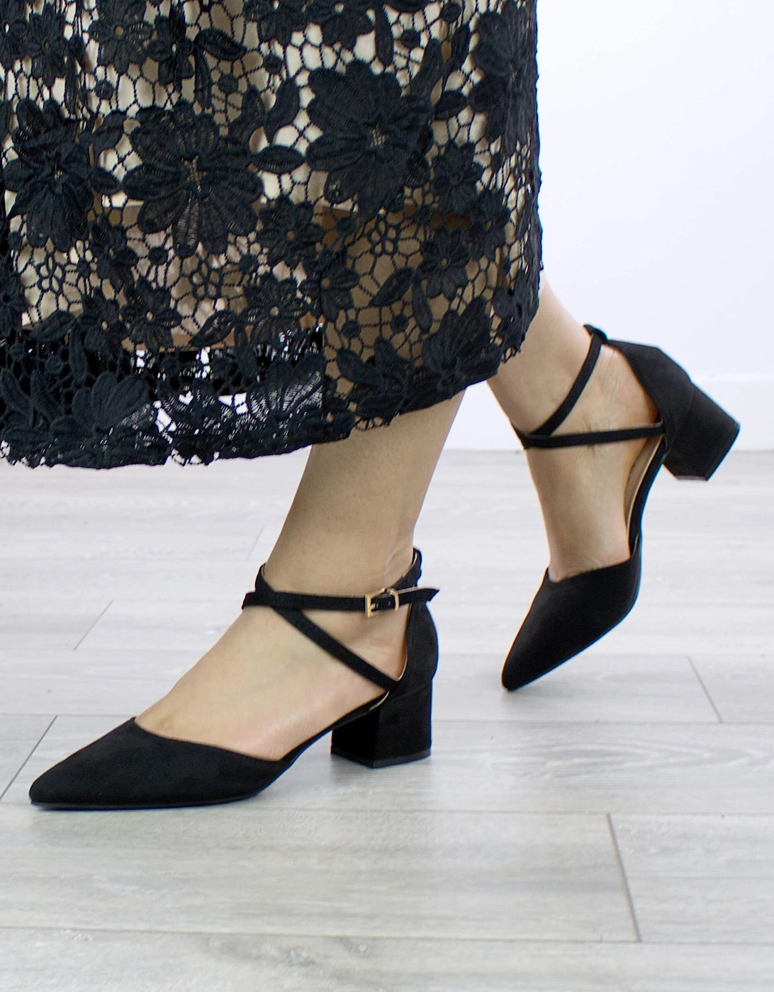 Mid Block Heel Faux Suede Pointed Toe Evening Party  Strappy Heels, 2 of 1