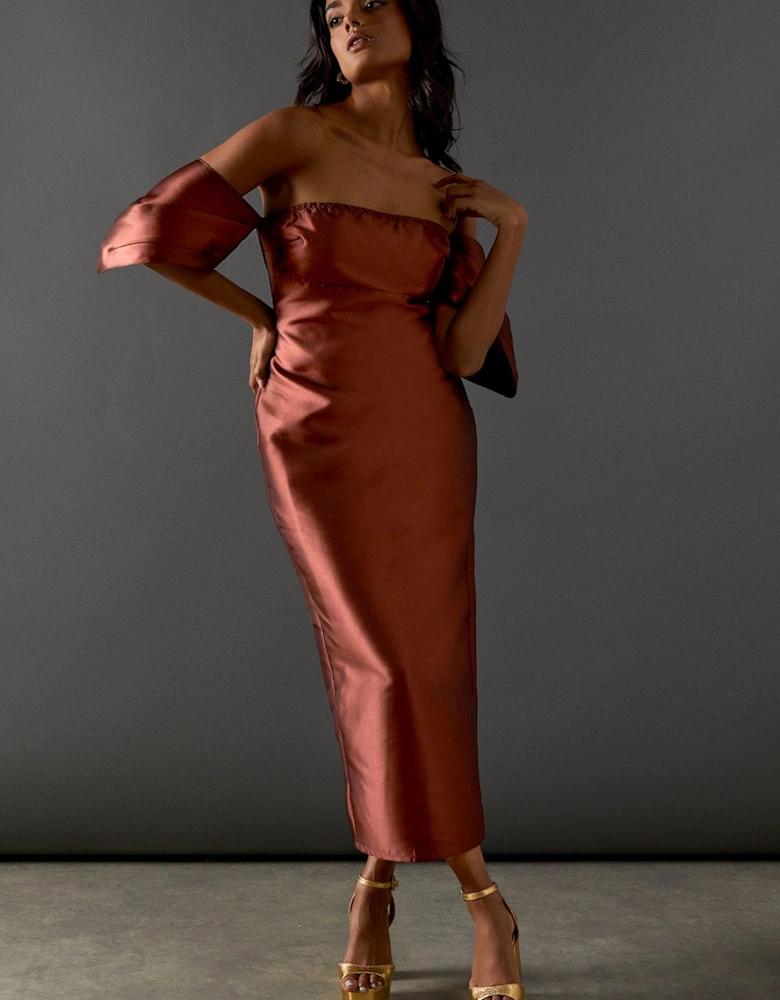 Structured Puff Sleeve Bardot Midi Dress