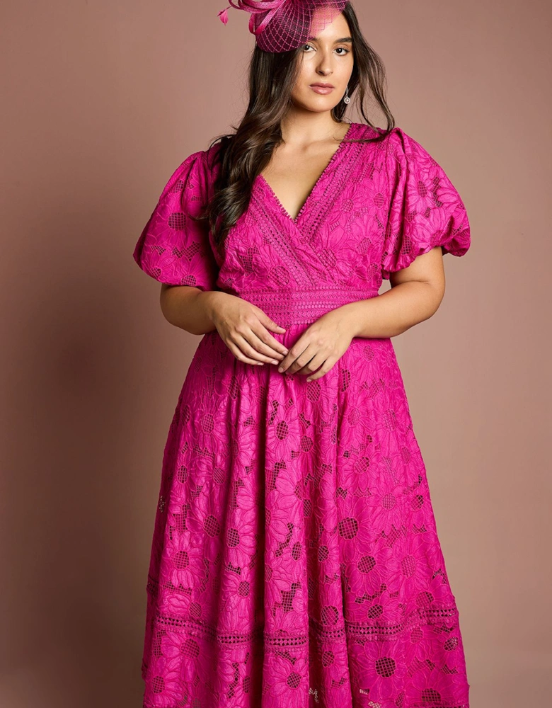 Plus Lace Midi Dress With Puff Sleeve