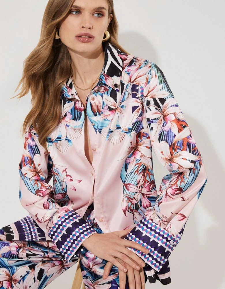Tropical Floral Geometric Placement Printed Shirt