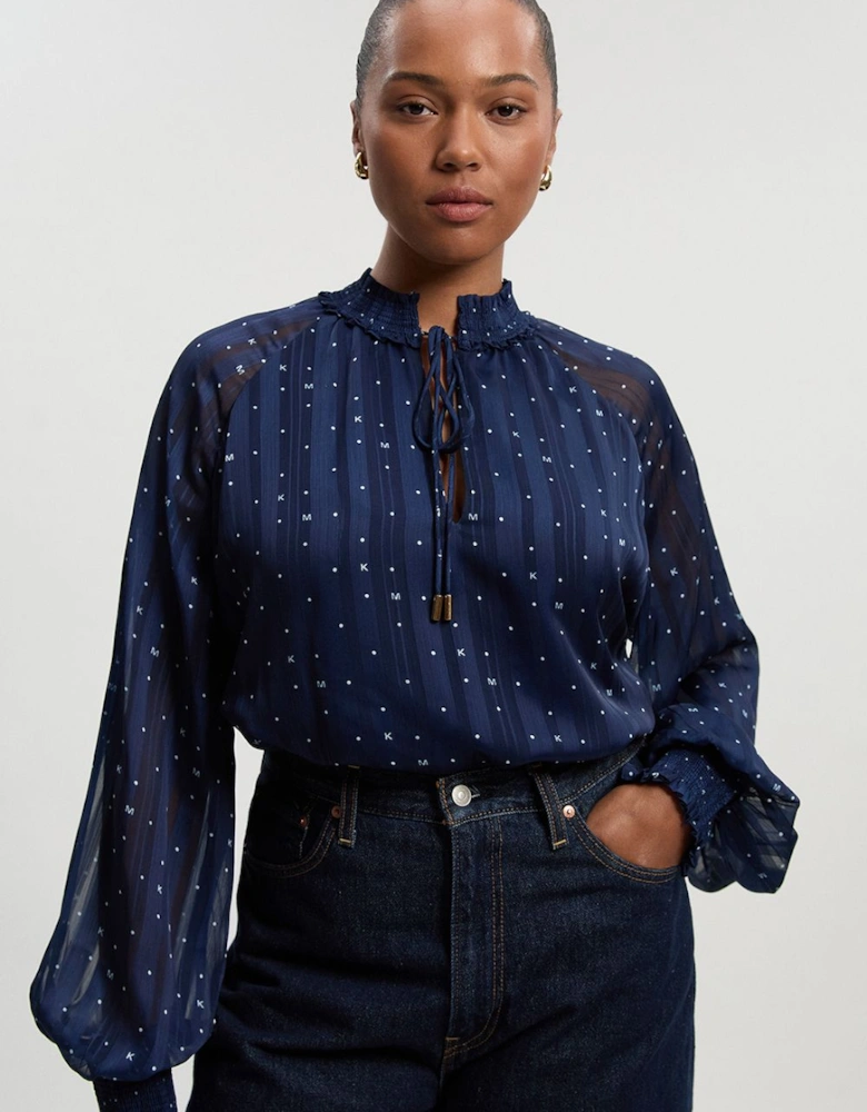 Plus Size Print Shirred Detail Dobby High Neck Woven Blouse