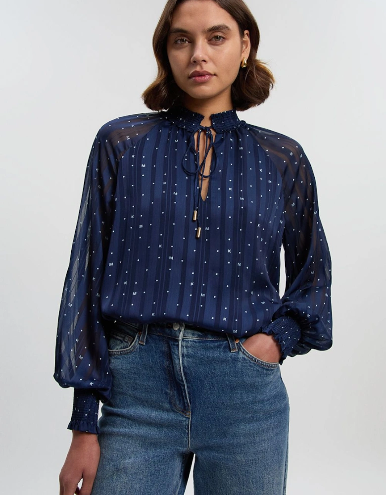 Print Shirred Detail Dobby High Neck Woven Blouse