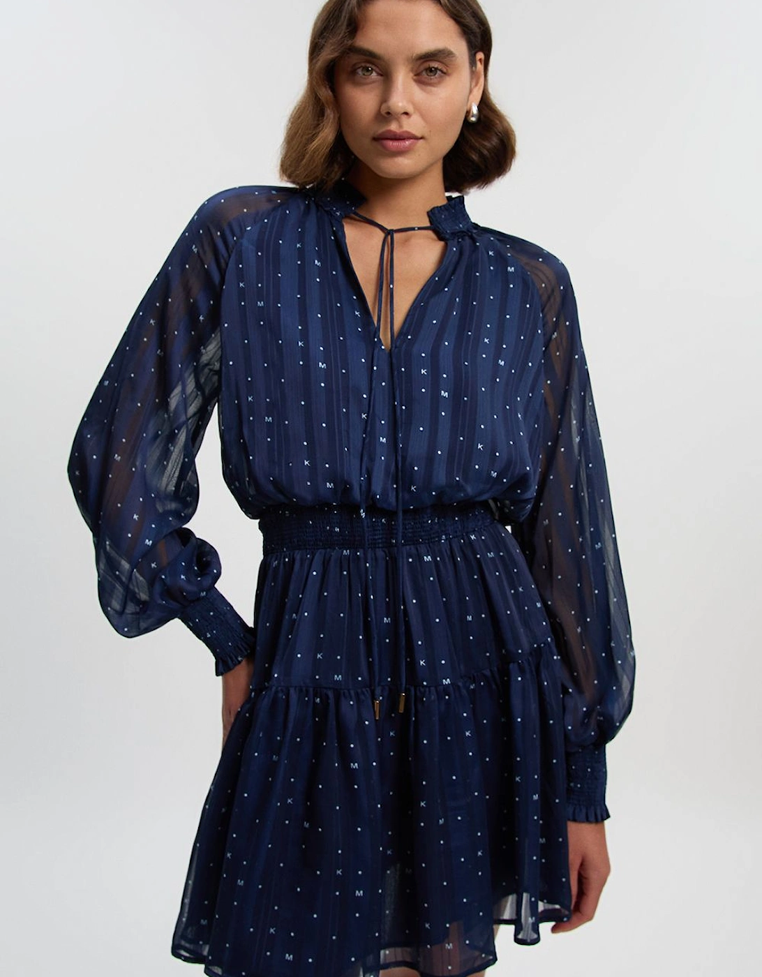 Print Shirred Detail Dobby High Neck Woven Mini Dress, 2 of 1
