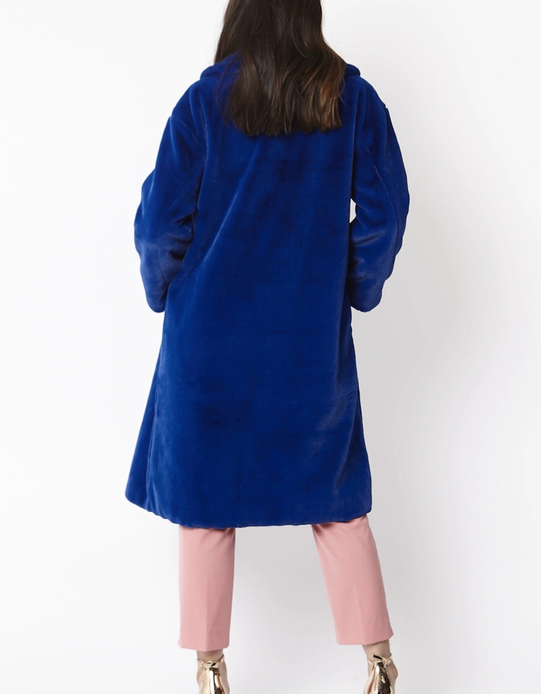 Blue Faux Fur Midi Shaved Shearling Coat