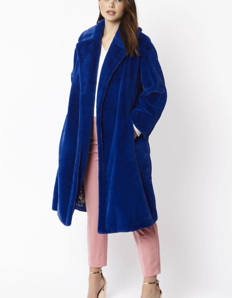Blue Faux Fur Midi Shaved Shearling Coat