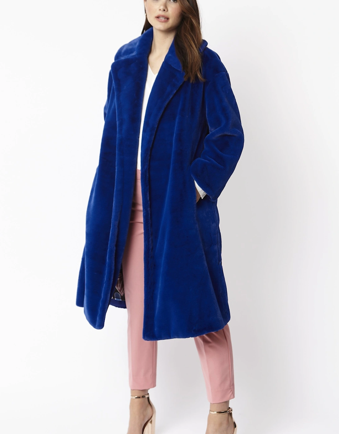 Blue Faux Fur Midi Shaved Shearling Coat