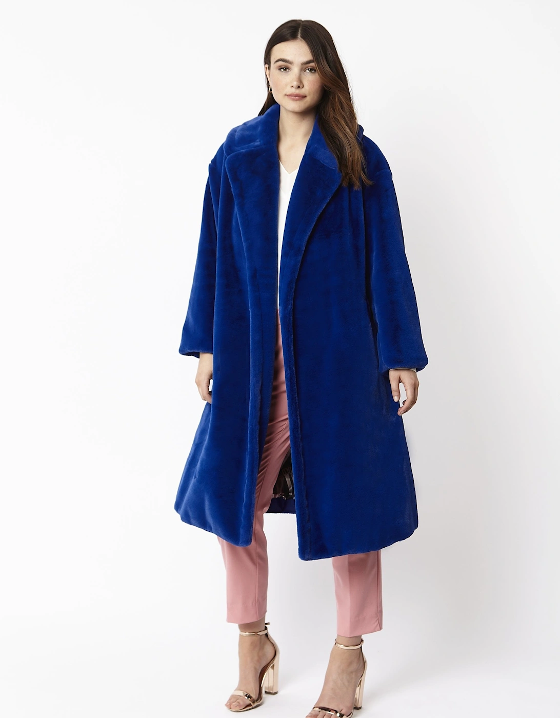 Blue Faux Fur Midi Shaved Shearling Coat
