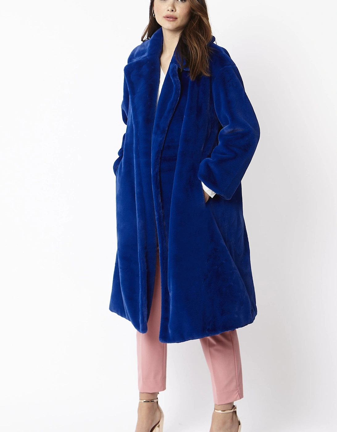Blue Faux Fur Midi Shaved Shearling Coat