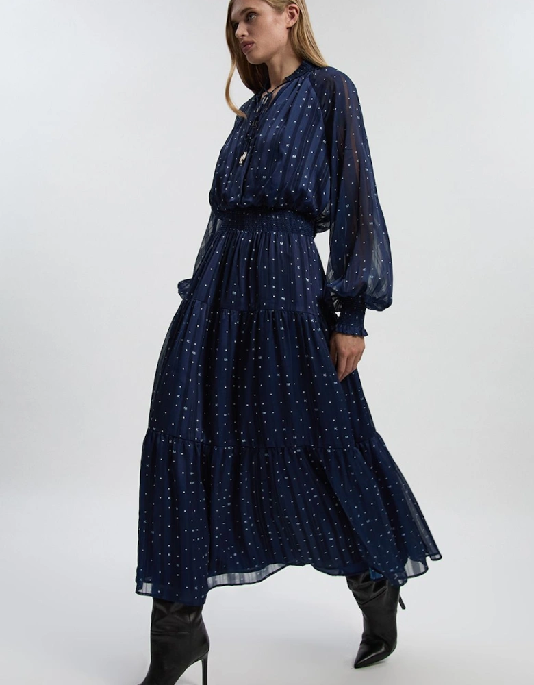 Petite Print Shirred Detail Dobby High Neck Woven Maxi Dress