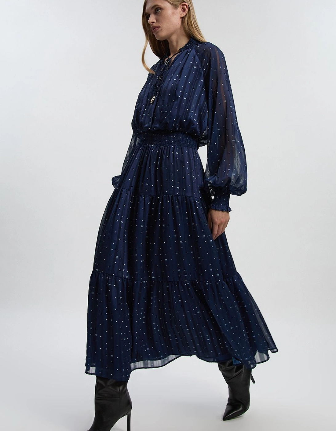 Petite Print Shirred Detail Dobby High Neck Woven Maxi Dress, 2 of 1