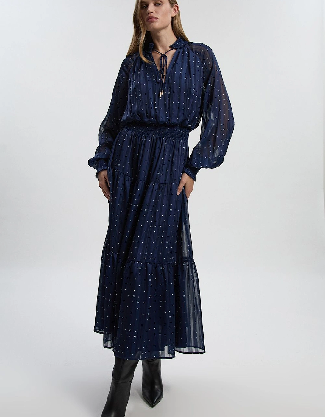 Print Shirred Detail Dobby High Neck Woven Maxi Dress, 2 of 1