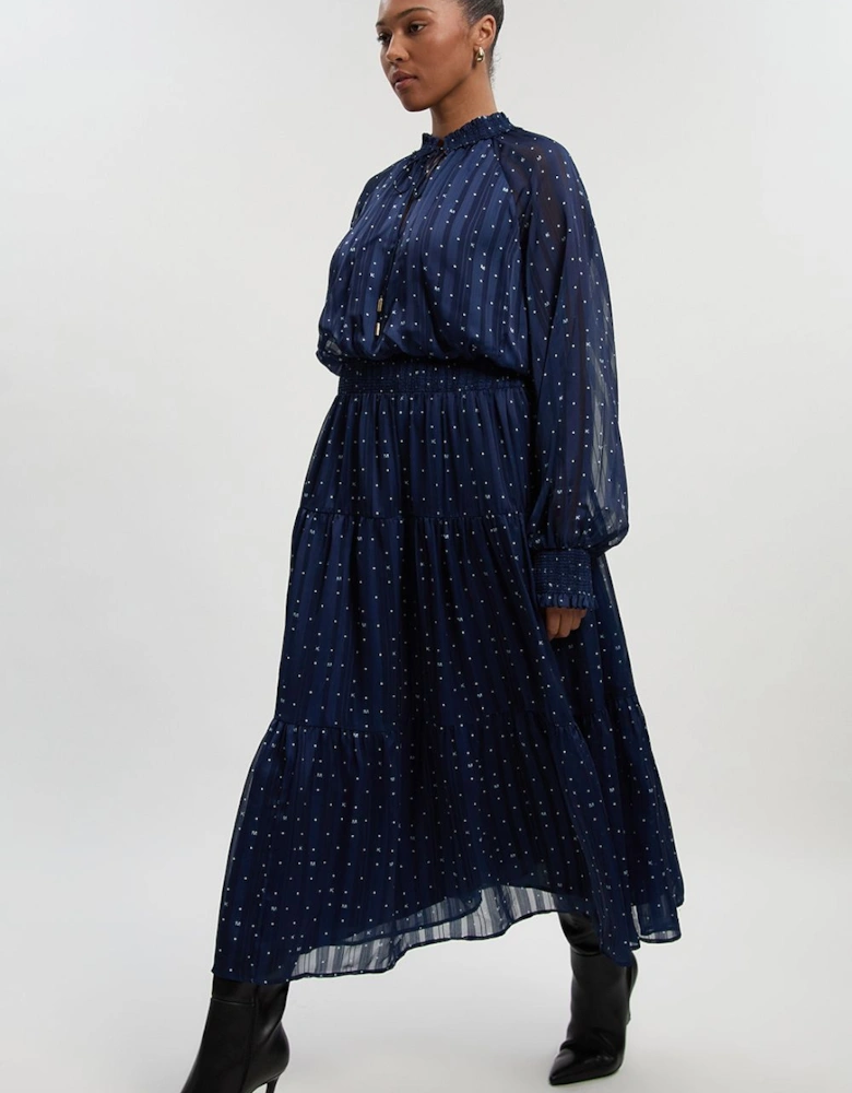Plus Size Print Shirred Detail Dobby High Neck Woven Maxi Dress