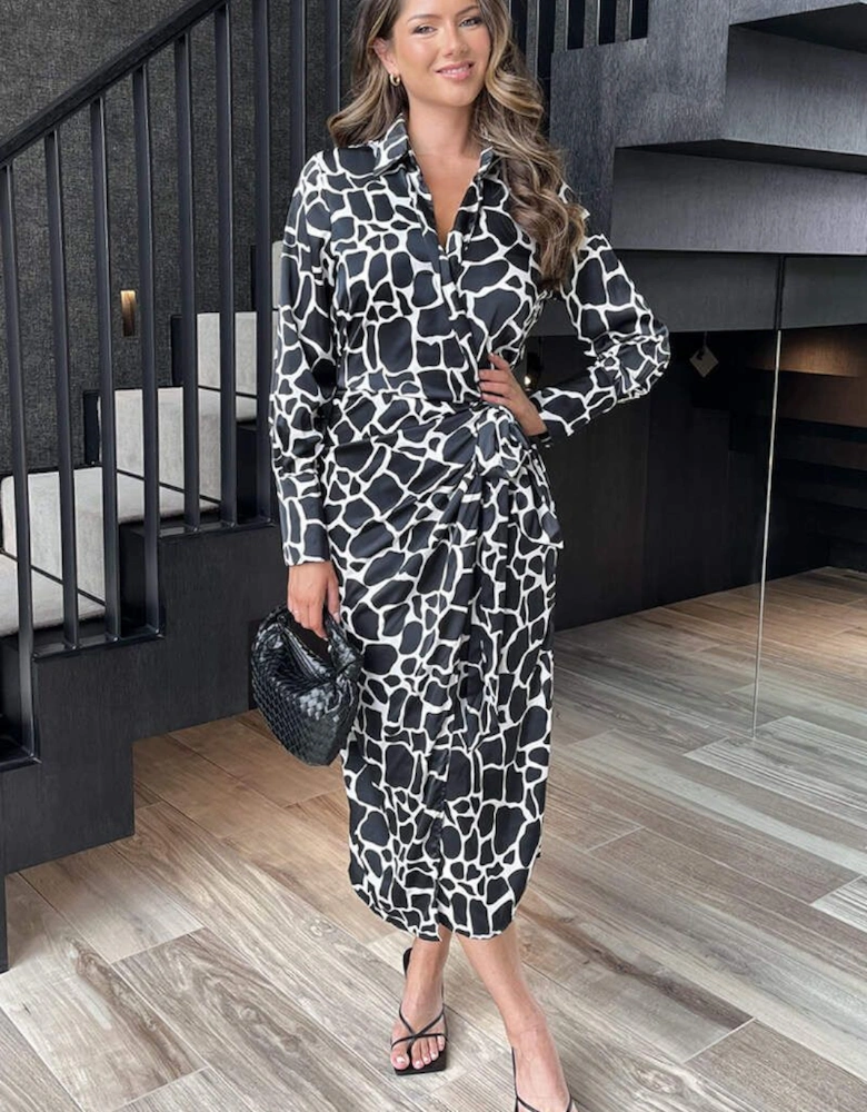 Black And White Giraffe Print Side Tie Waist Wrap Midi Dress