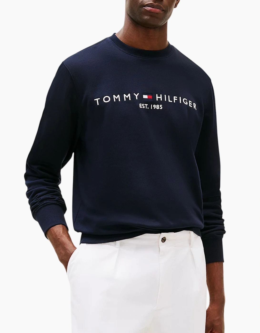 Tommy Hilfiger Men's Navy Fleece Sweatshirt Embroidered Logo Pullover Crew Neck Jumper - Size 46
