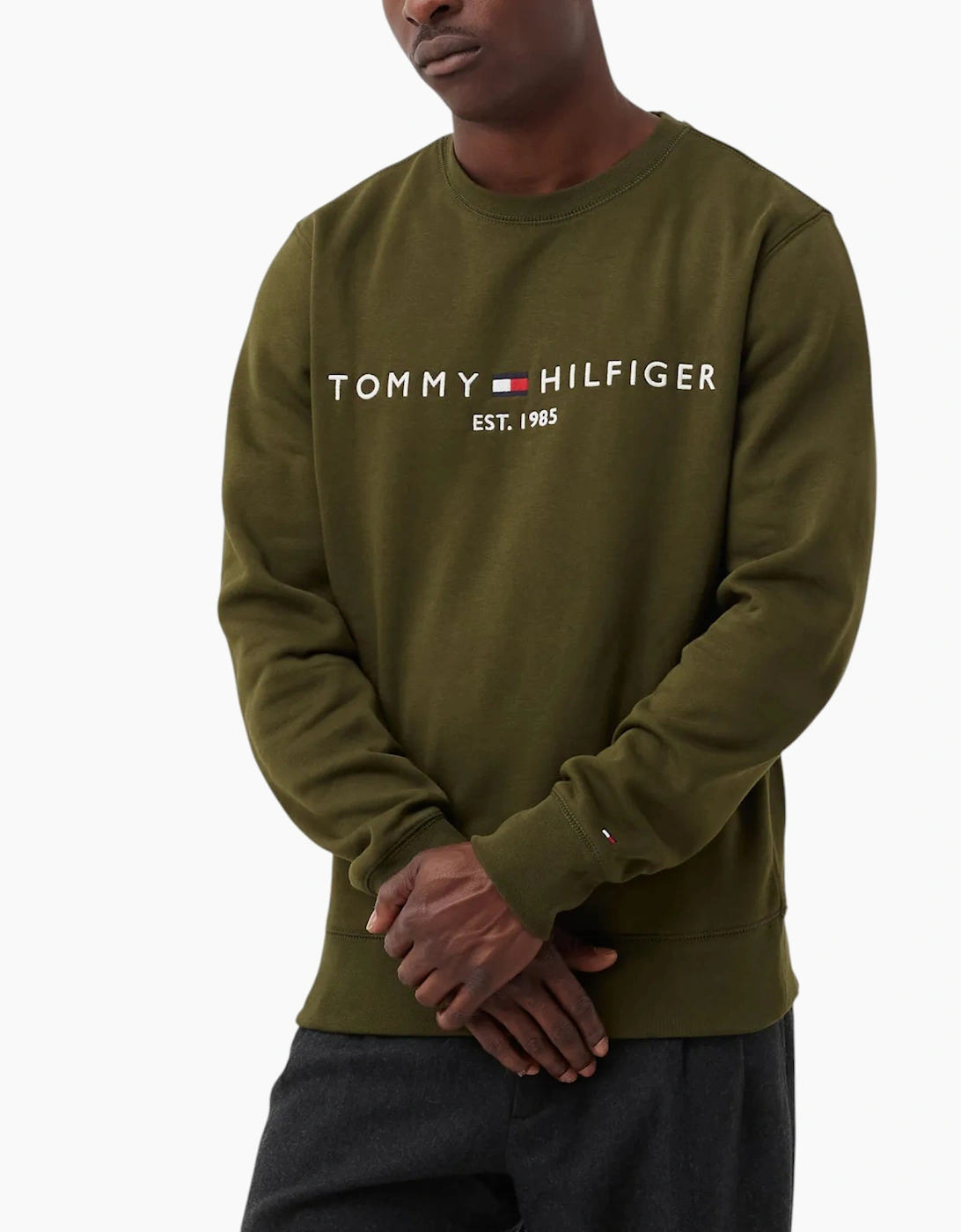 Tommy Hilfiger Men's Green Fleece Sweatshirt Embroidered Logo Pullover Crew Neck Jumper - Size 34