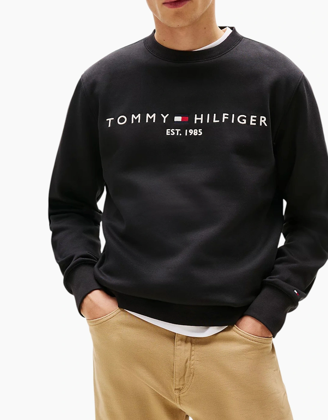 Tommy Hilfiger Men's Black Fleece Sweatshirt Embroidered Logo Pullover Crew Neck Jumper - Size: 46