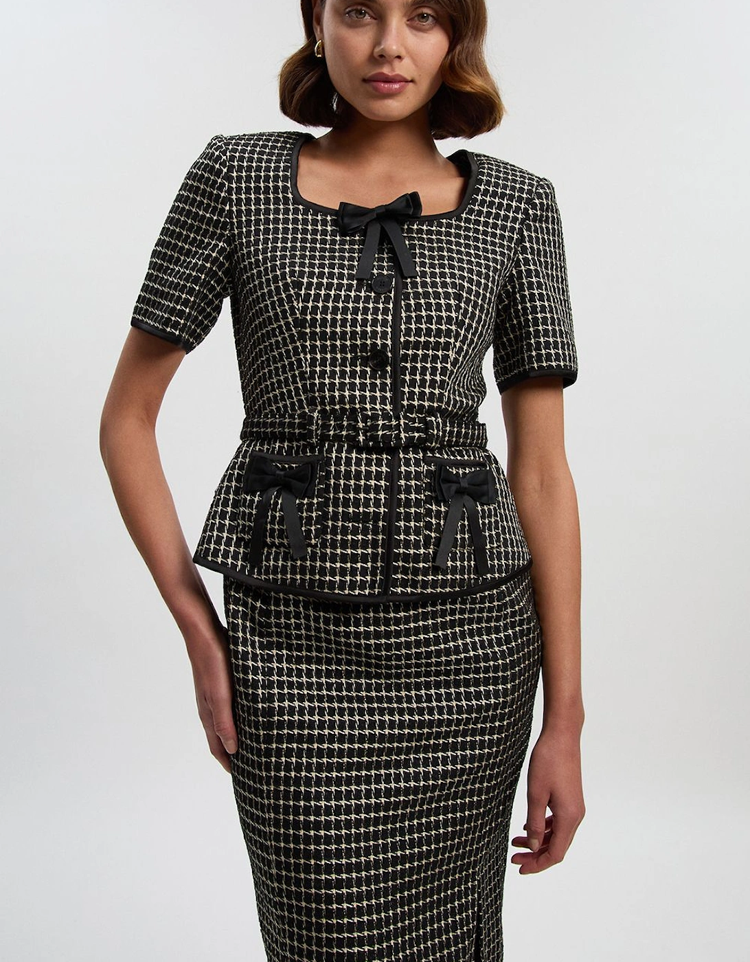 Tailored Tweed Bow Detail Midi Pencil Dress, 2 of 1