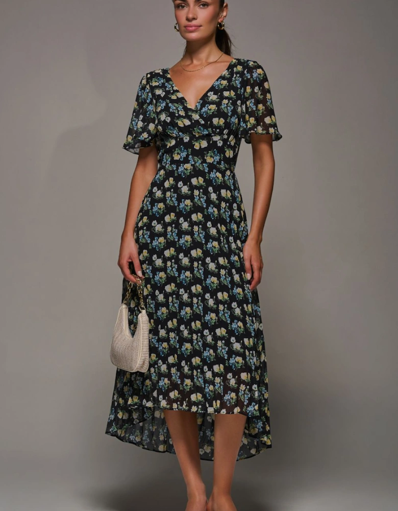 Floral Chiffon V Neck Midaxi Dress