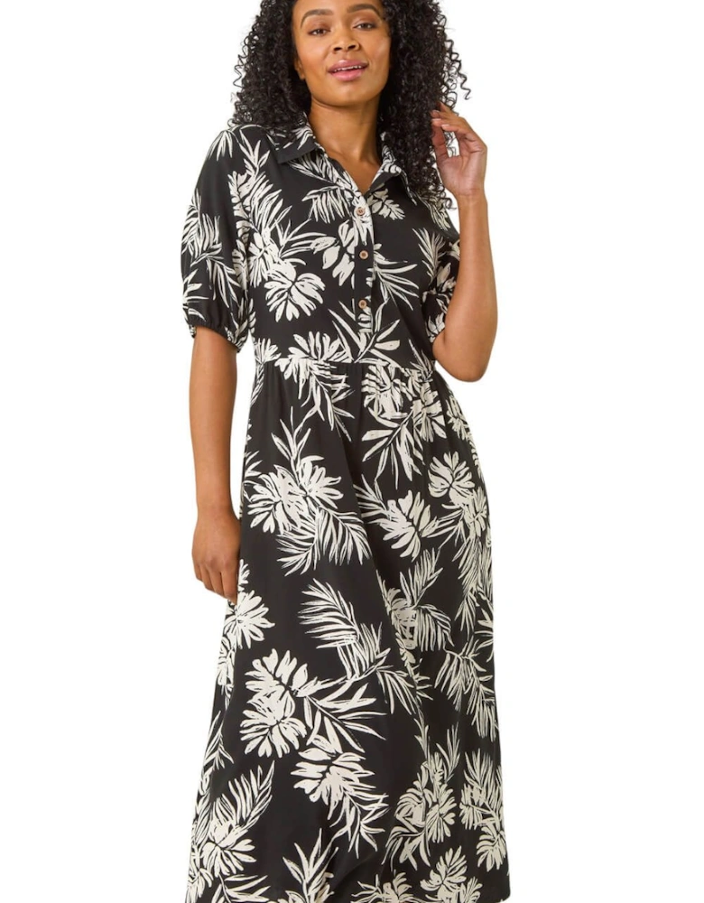 Petite Tropical Print Button Midi Dress