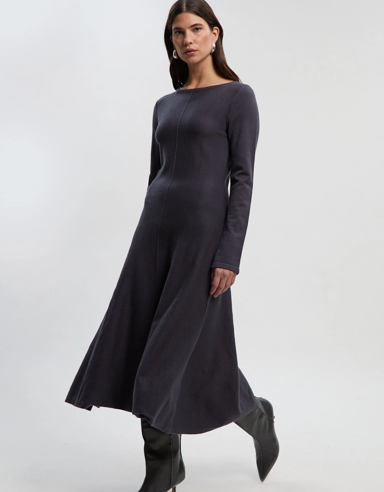 Compact Knit Wool Look Full Skirt Midi Dress