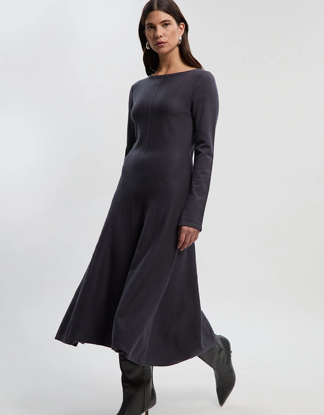 Compact Knit Wool Look Full Skirt Midi Dress, 2 of 1