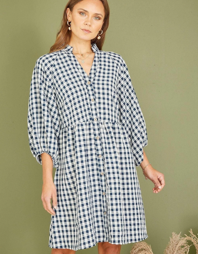 Navy Cotton Checked Button Through Tunic Dress