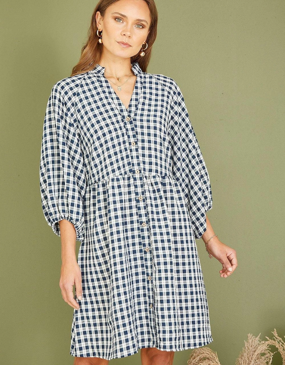 Navy Cotton Checked Button Through Tunic Dress, 2 of 1