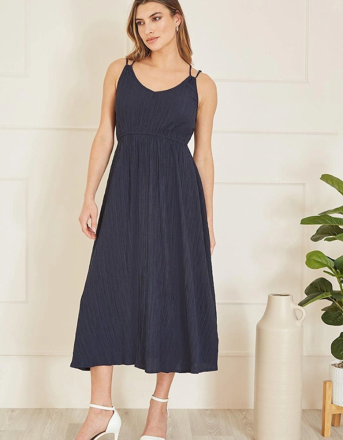 Navy Stretch Crinkle Midi Dress With Cross Over Strappy Back, 2 of 1